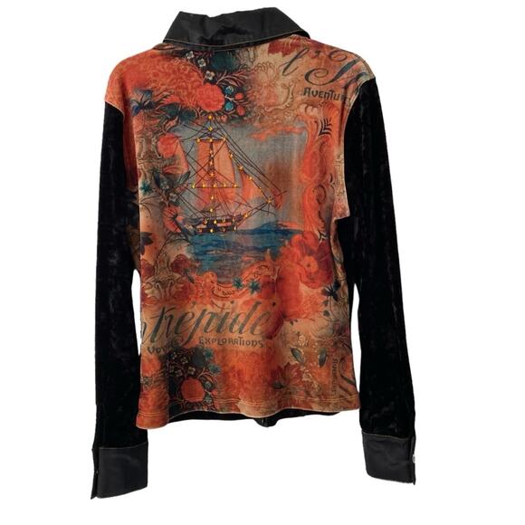 Love Amour Vintage Stretch Velvet Embellished Graphic Button Down Shirt medium - Picture 4 of 8